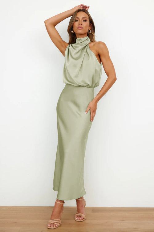 Carolina - Long satin dress with halter neckline