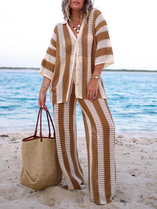 Eleanora - Striped Hollow Out Top And Pants Set