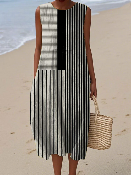 Felica - Monochrome Lines Summer Dress