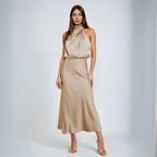 Carolina - Long satin dress with halter neckline
