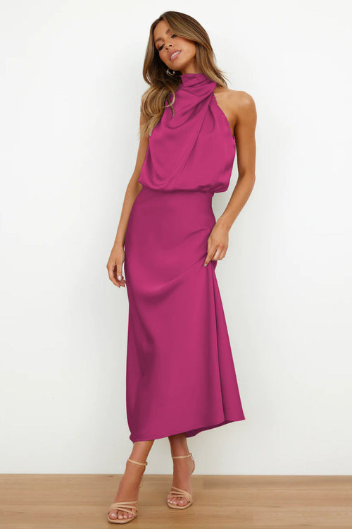 Carolina - Long satin dress with halter neckline