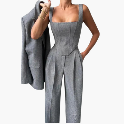 Ivonna - Elegant Fishbone Pattern 3-Piece Suit