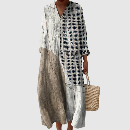 Zoey - Neutral Abstract Art Maxi Dress