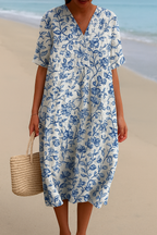 Leyla - Ivory Dress with Blue Porcelain Flowers
