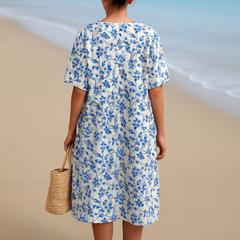 Leyla - Ivory Dress with Blue Porcelain Flowers