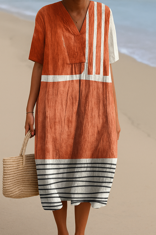 Maria - Terracotta Dress with Graphic Stripes