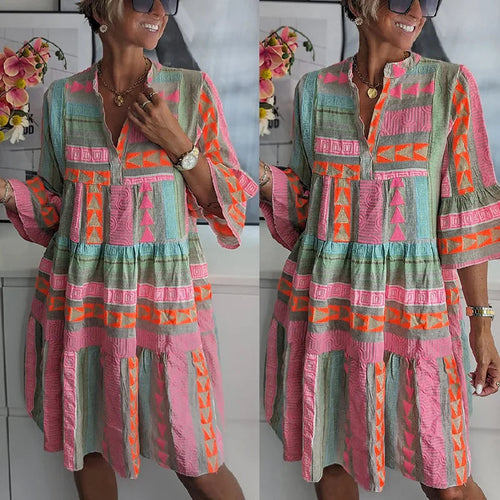 Avalin - Chic V-Neck Cotton Hemp Summer Dress