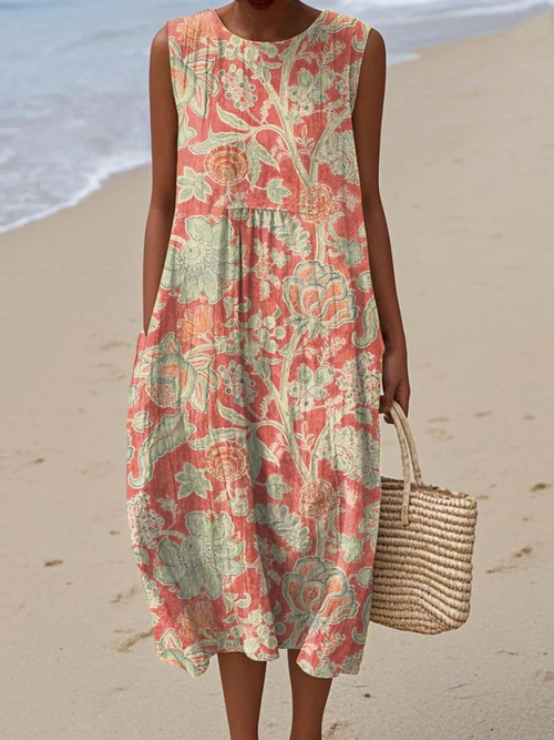 Benna - Women's Sleeveless Wrap Dress with Vintage Floral Art Print and Pockets