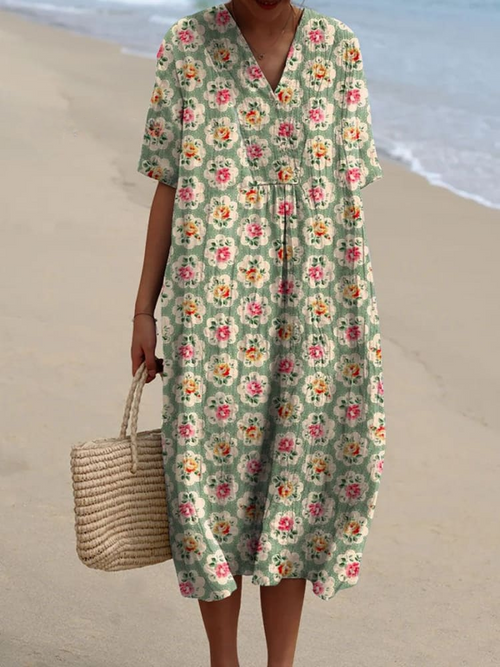 Alicia - Vintage Floral Print Casual Flowy Dress
