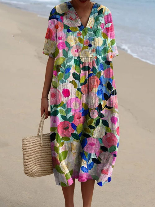 Pandora - Vibrant Floral Garden Print Flowy Dress for Women
