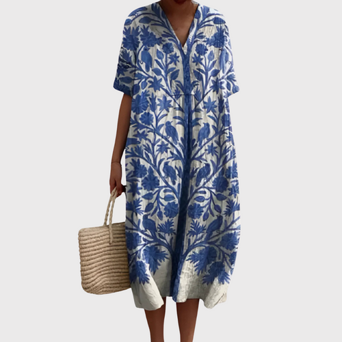 Stella - Delft Blue Botanical Midi Dress