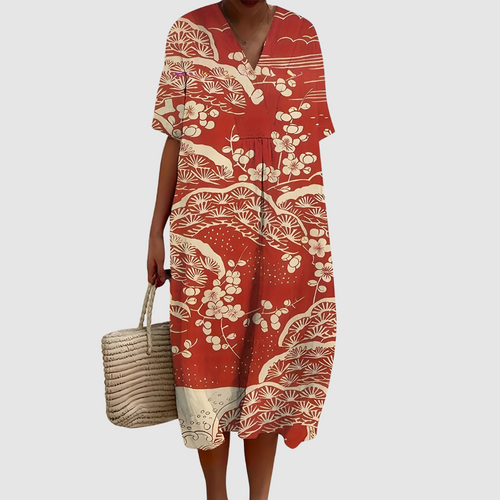 Violet - Terracotta Blossom Print Midi Dress