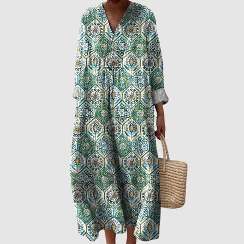 Ella - Mediterranean Tile Print Maxi Dress