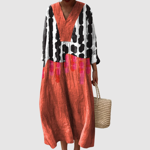 Reagan - Coral Dot Brushstroke Midi Dress