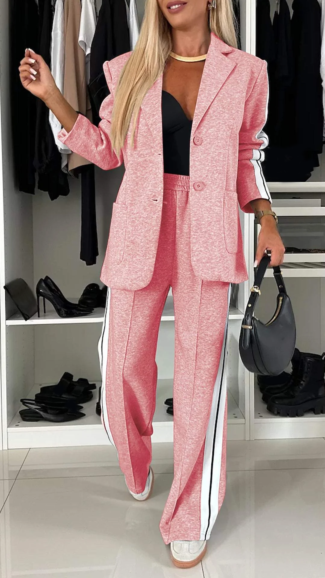 Valenca - Women’s Full Size Contrast Lapel Collar Top & Pants Set