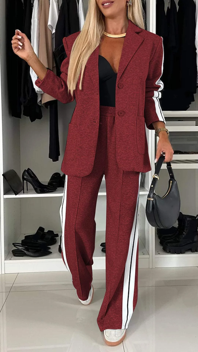 Valenca - Women’s Full Size Contrast Lapel Collar Top & Pants Set