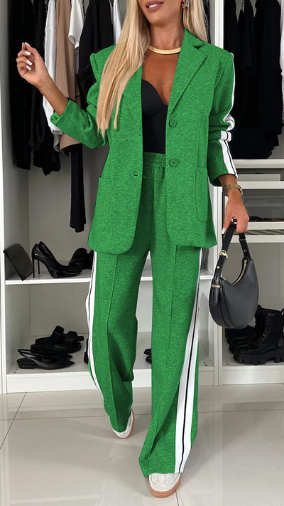 Valenca - Women’s Full Size Contrast Lapel Collar Top & Pants Set