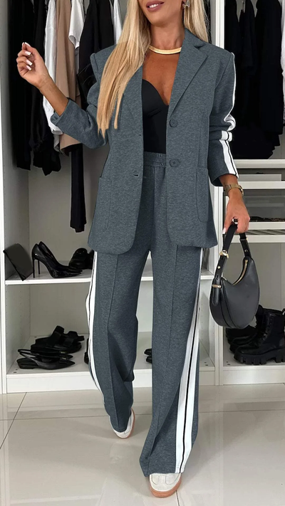 Valenca - Women’s Full Size Contrast Lapel Collar Top & Pants Set