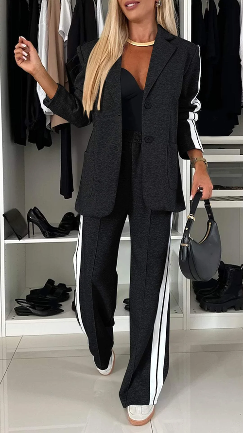 Valenca - Women’s Full Size Contrast Lapel Collar Top & Pants Set