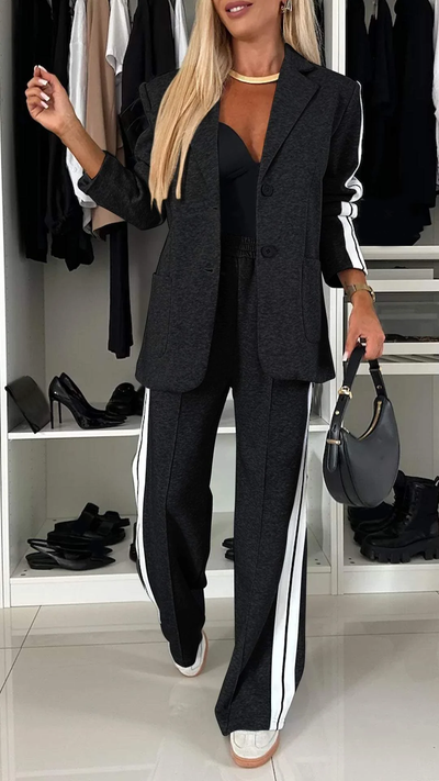 Valenca - Women’s Full Size Contrast Lapel Collar Top & Pants Set