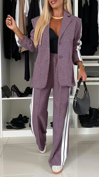 Valenca - Women’s Full Size Contrast Lapel Collar Top & Pants Set
