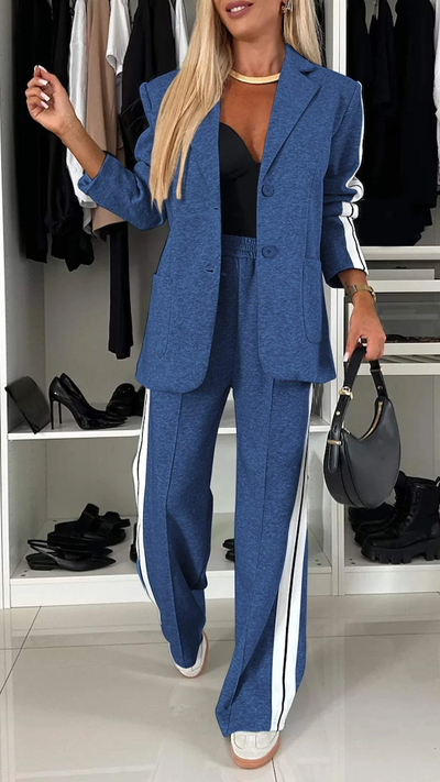 Valenca - Women’s Full Size Contrast Lapel Collar Top & Pants Set