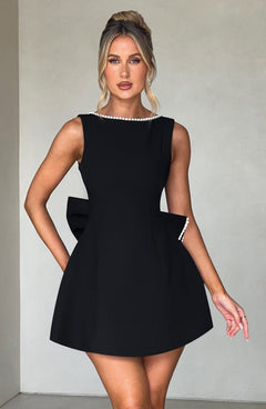 Charlotte - Elegant Pearl Bow Mini Dress