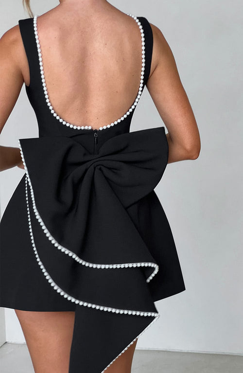 Charlotte - Elegant Pearl Bow Mini Dress
