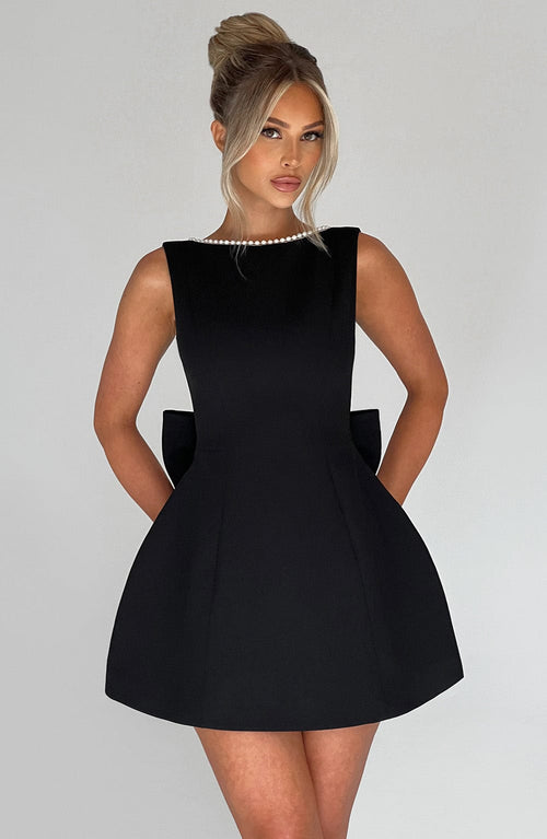 Charlotte - Elegant Pearl Bow Mini Dress