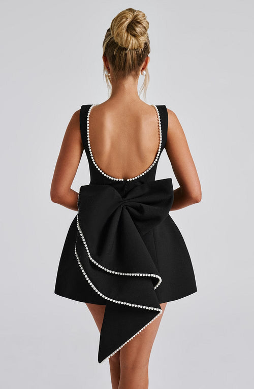 Charlotte - Elegant Pearl Bow Mini Dress