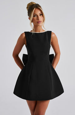 Charlotte - Elegant Pearl Bow Mini Dress