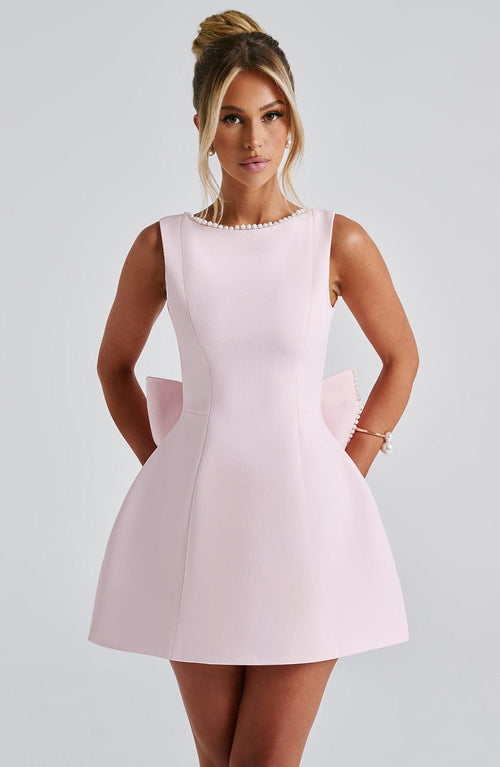Charlotte - Elegant Pearl Bow Mini Dress
