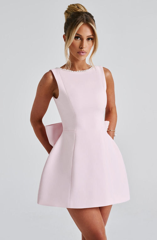 Charlotte - Elegant Pearl Bow Mini Dress