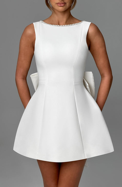 Charlotte - Elegant Pearl Bow Mini Dress