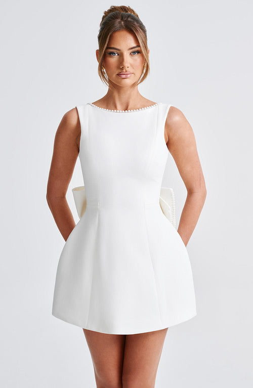Charlotte - Elegant Pearl Bow Mini Dress