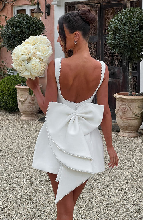 Charlotte - Elegant Pearl Bow Mini Dress