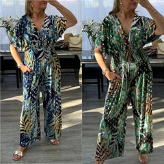 Nataly™ - Tropical Leaf Print Jumpsuit